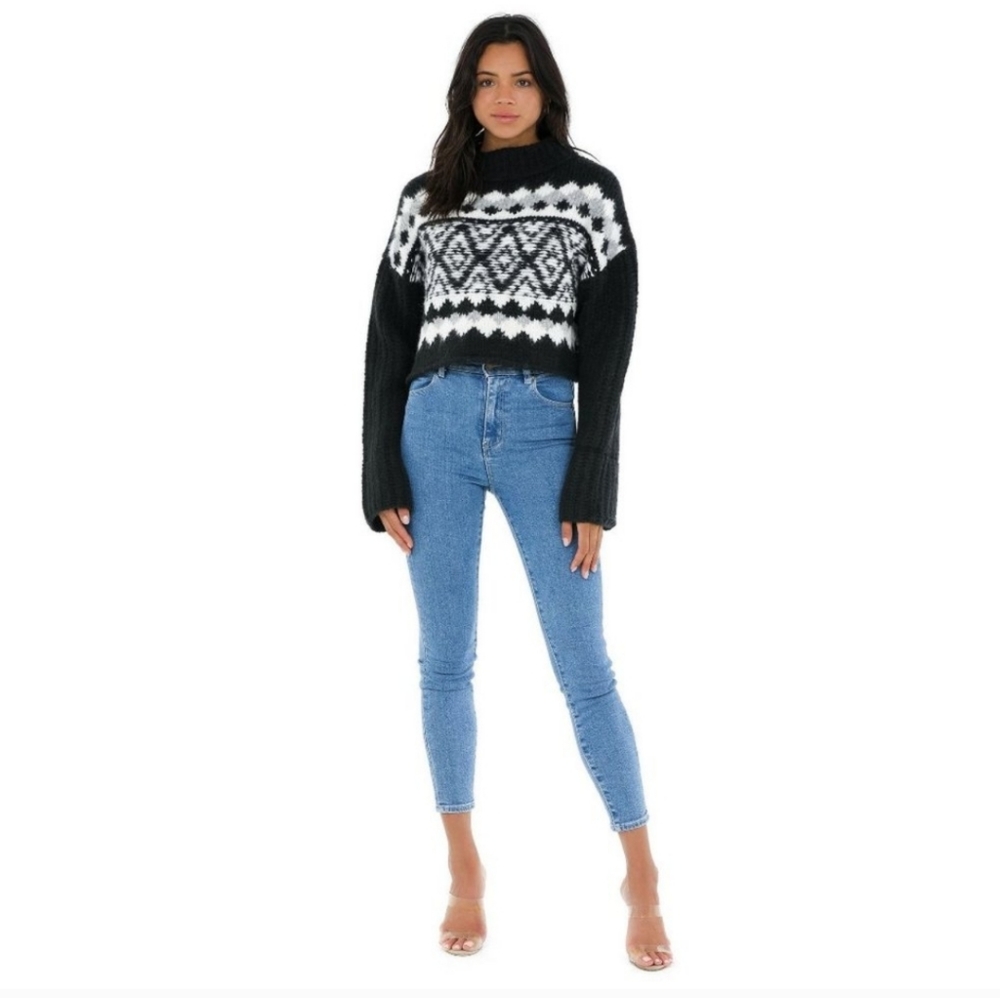 Free People Alpine Crop Mock Neck Sweater Onyx Combo XL Black